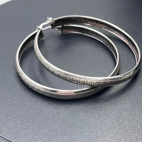 Sterling Silver 925 Stamped Large Greek Pattern 2.25” Hoop Pierced Earrings - Picture 8 of 8